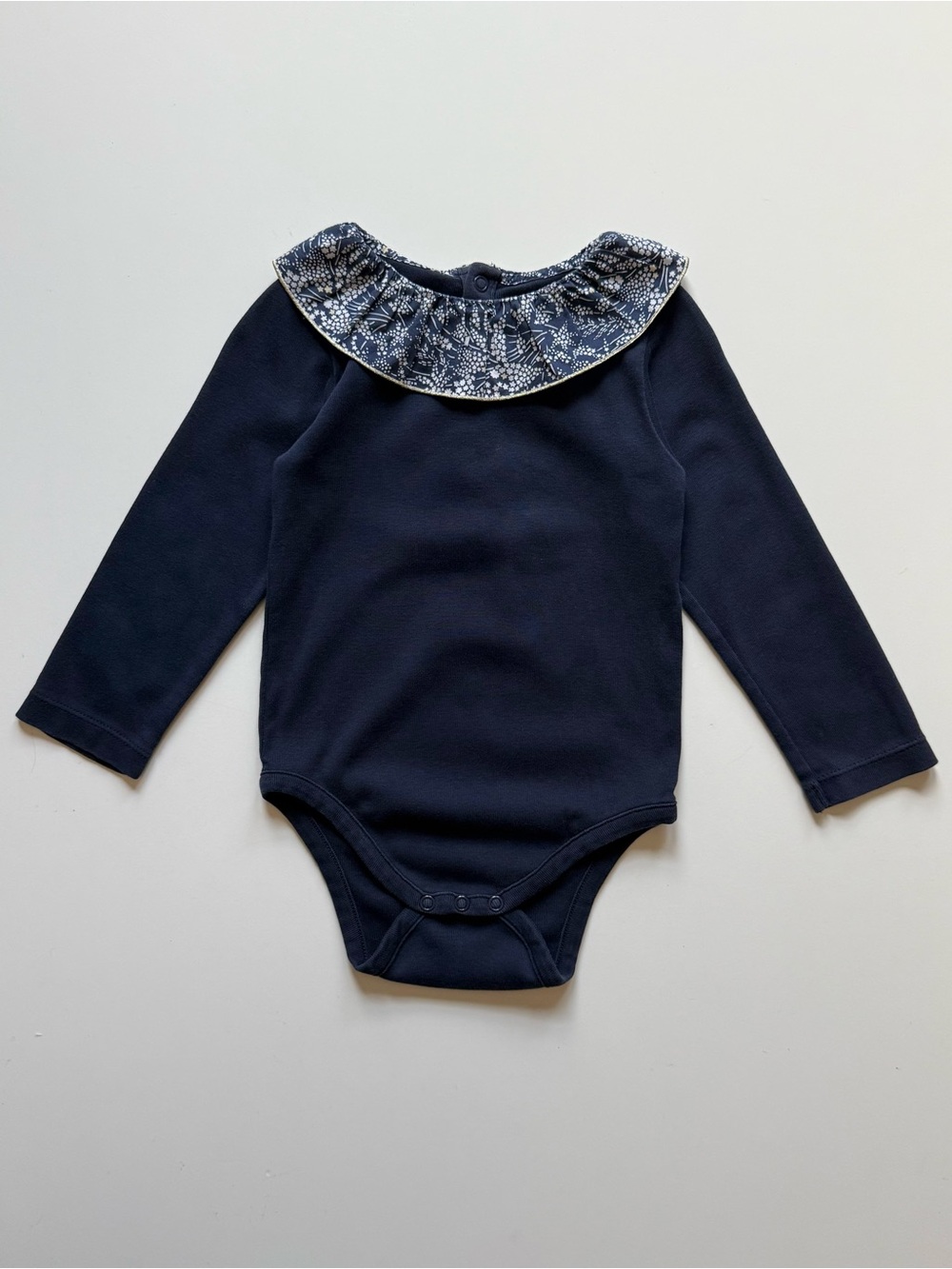 Jacadi Baby Girl Navy Onesie Bodysuit w/ Liberty Ruffle Collar - Size 18M